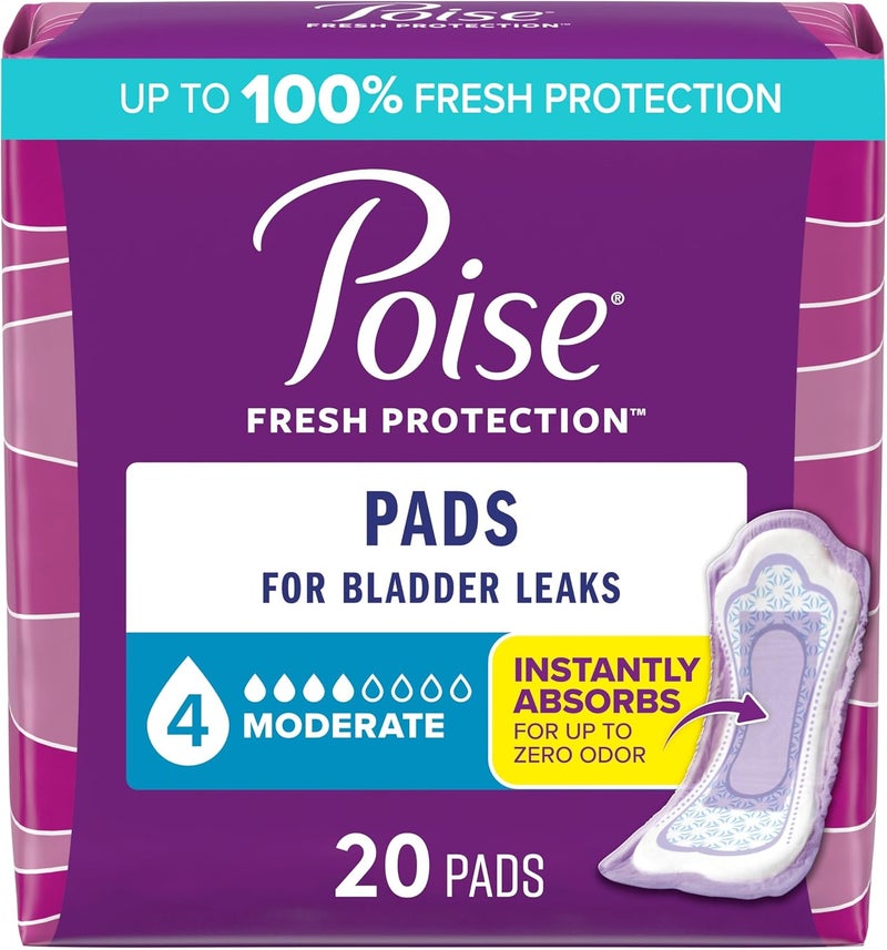 Poise Incontinence Pads for Bladder Leaks, Moderate Absorbency, Regular Length, 20 Count - Image 1